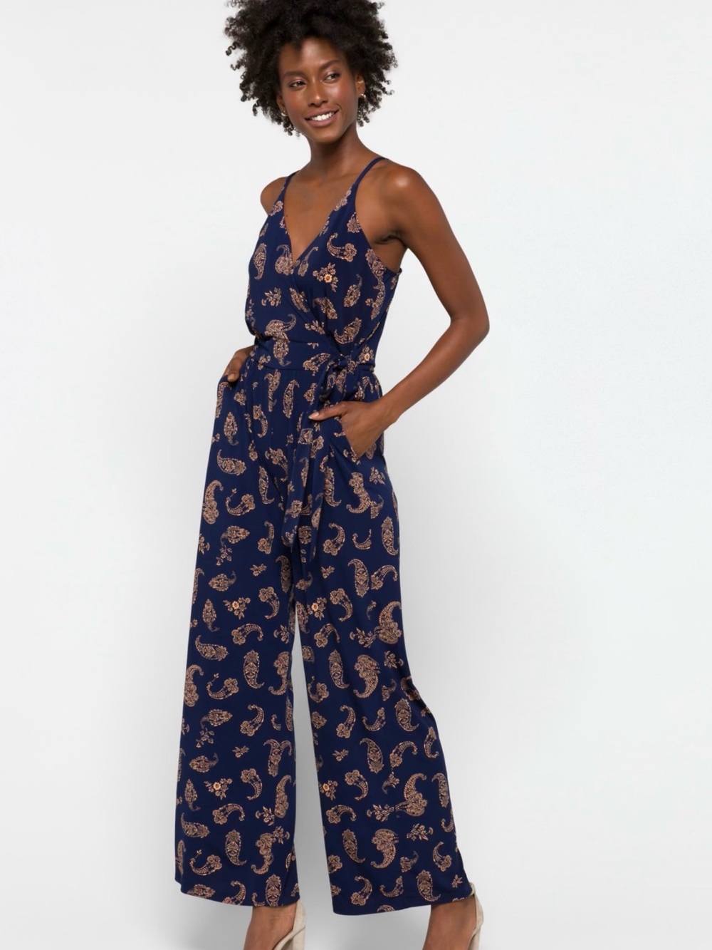 Kaileigh Navy Paisley Wrap-Front Wide-Leg Jumpsuit